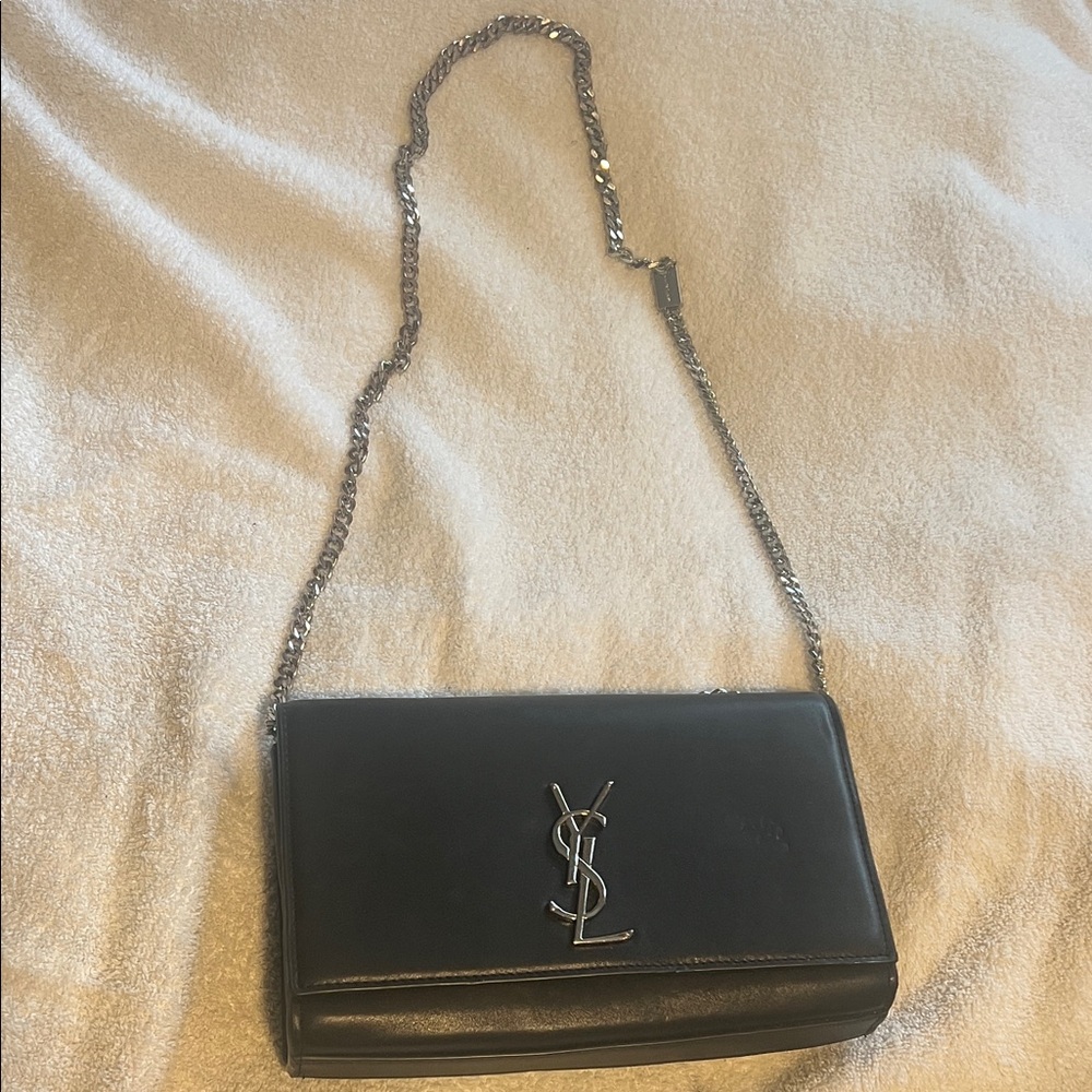 Yves Saint Laurent Black Leather Crossbody with Silver Chain
